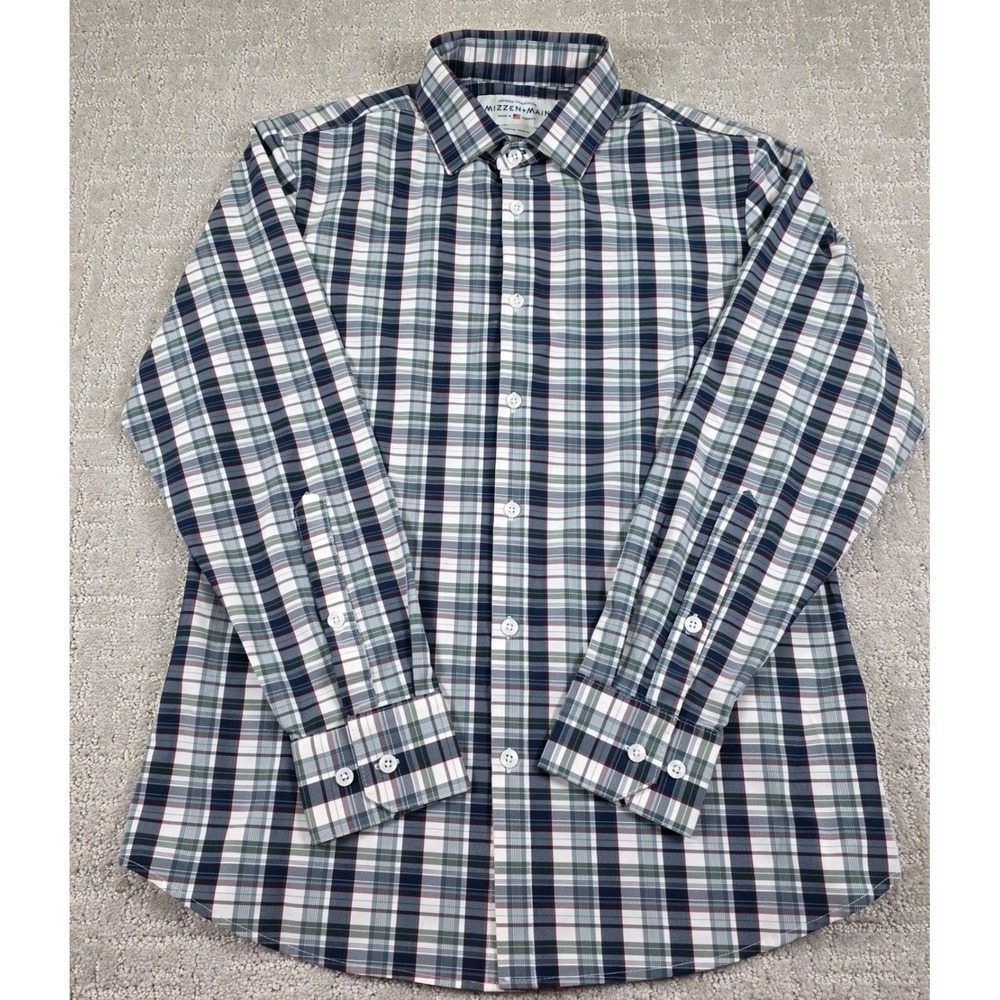 Mizzen+Main Leeward Plaid Shirt Men Medium Trim Fit Navy Green Stretch Button Up
